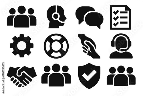 Business support silhouette icon set. featuring teamwork, customer, communication, help, checklist, and handshake symbols
