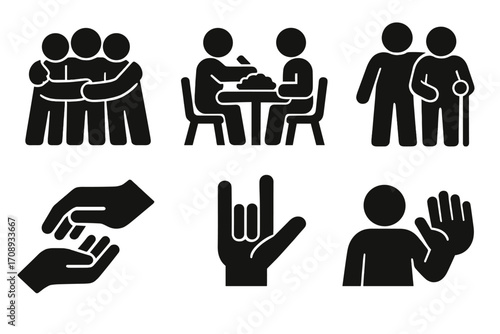 Community and support silhouette icon set. featuring group, dining, partnership, helping hands, love, wave symbols