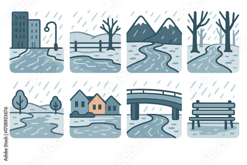 Weather silhouette icon set. featuring city, forest, river, mountains, rural, bridge, and bench