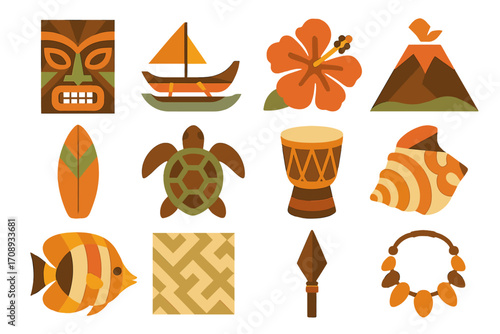 Hawaiian culture flat icon set. featuring tiki mask, canoe, hibiscus, volcano, surfboard, turtle, drum, shell, fish