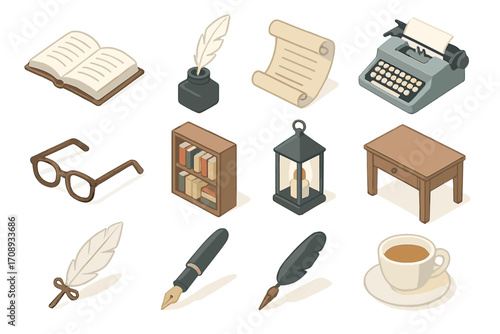 Writing and office flat icon set. featuring book, quill, scroll, typewriter, glasses, bookshelf, lamp, desk, pen, cup