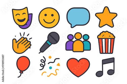 Entertainment flat icon set. featuring theater mask, smiley, chat, star, clapping, microphone, group, popcorn, balloon, confetti, heart, music note symbols