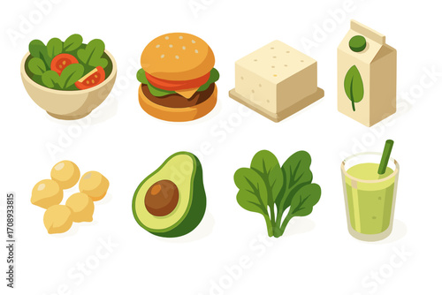 Healthy food flat icon set. featuring salad, burger, tofu, milk, nuts, avocado, spinach, smoothie