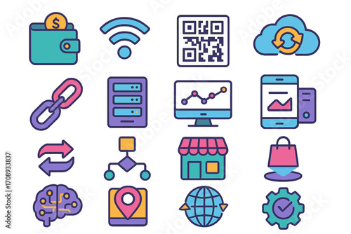 Technology flat icon set. featuring wallet, wifi, qr code, cloud, link, server, chart, mobile, refresh, flowchart