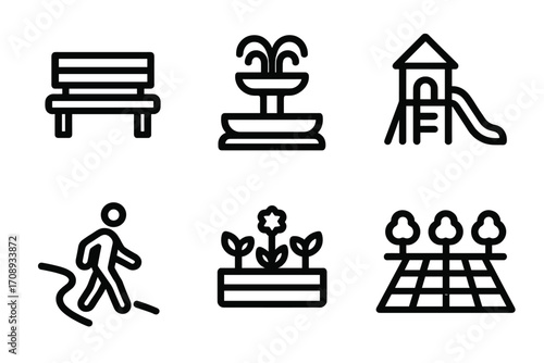Park and garden linear icon set. featuring bench, fountain, playground, pathway, plants, and trees symbols