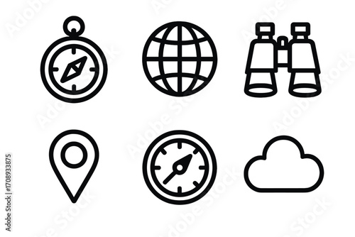 Travel and navigation silhouette icon set. featuring compass, globe, binoculars, map marker, speedometer, cloud symbols