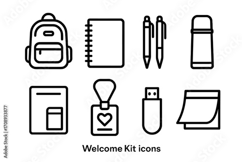 Welcome kit linear icon set. featuring backpack, notebook, pen, thermos, journal, badge, usb, sticky notes
