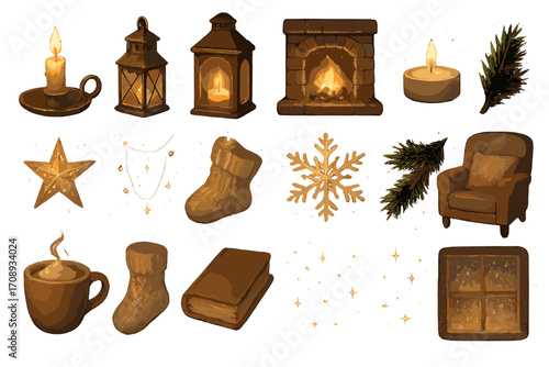Winter cozy aesthetic flat icons set. featuring candle, lantern, fireplace, pine branch, star, sock, snowflake