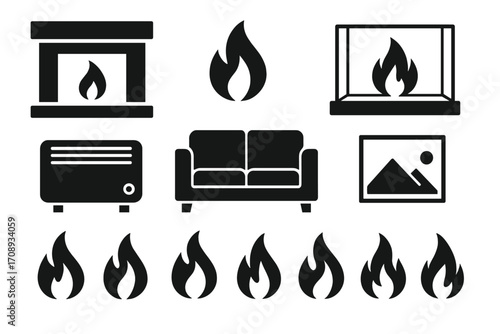 Home heating silhouette icon set. featuring fireplace, flame, radiator, and sofa symbols