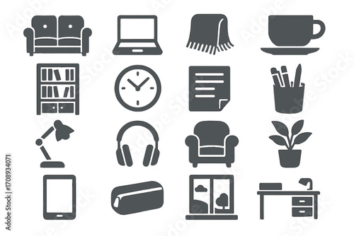 Home office silhouette icons set. featuring sofa, laptop, mug, bookshelf, clock, document, plant, lamp, and headphones