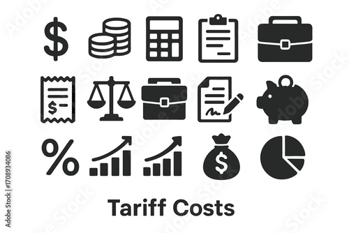 Tariff costs silhouette icon set. featuring money, calculator, balance, document, piggy bank, and chart symbols