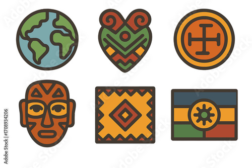 Cultural symbols flat icon set. featuring globe, mask, shield, emblem, pattern, and flag icons