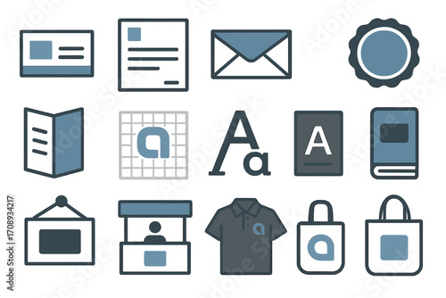 Office and stationery flat icons set. featuring cards, letters, badge, book, brochure, and tote symbols