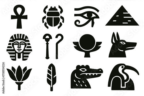 Ancient egypt silhouette icon set. featuring ankh, scarab, eye, pyramid, sphinx, crook, flail, sun, anubis, lotus, feather, sobek, ibis