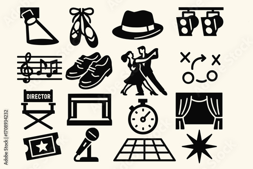 Performance and theater silhouette icon set. featuring microphone, dance shoes, director's chair, musical notes, and stage.