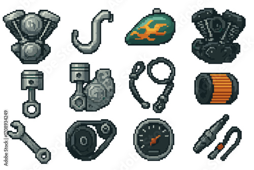 Motorcycle parts pixel icon set. featuring engine, exhaust, fuel tank, piston, wrench, speedometer, and spark plug symbols