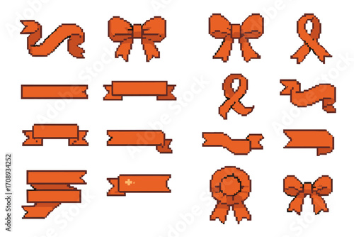 Ribbons and banners pixel icon set. featuring bows, loop, and decorative ribbon designs