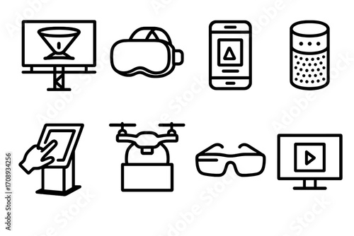 Futuristic technology linear icon set. featuring vr, ar, drones, smartphones, smart speakers