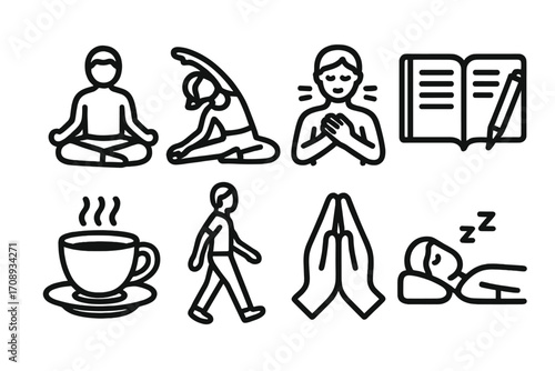 Wellness and relaxation linear icon set. featuring meditation, yoga, gratitude, journaling, tea, walking, prayer, and sleep symbols
