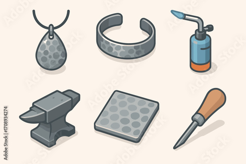 Jewelry making flat icon set. featuring pendant, bracelet, torch, anvil, bench block, awl tools