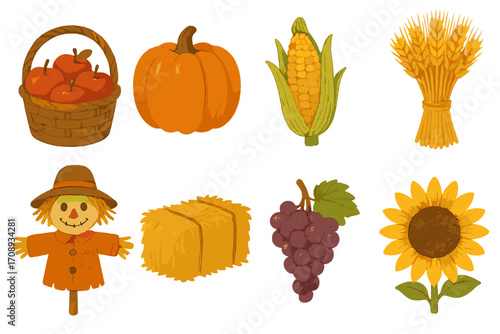 Autumn harvest linear icon set. featuring apple, pumpkin, corn, wheat, scarecrow, hay, grape, sunflower