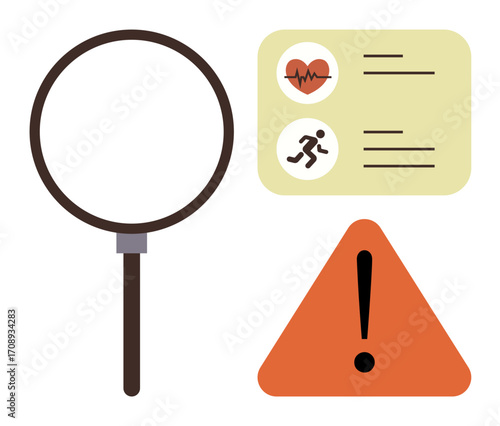 Magnifying glass near health metrics card with heartbeat and activity symbols, paired with triangular alert. Ideal for health monitoring, risk management, medical research, safety, diagnostics