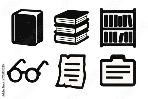 Library essentials silhouette icon set. featuring book, books, bookshelf, glasses, paper, and folder symbols