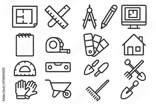 Construction tools linear icon set. featuring blueprint, ruler, compass, computer, and house symbols