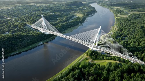 Aerial perspective of a modern cable-stayed bridge spanning a wide river, surrounded by lush greenery.