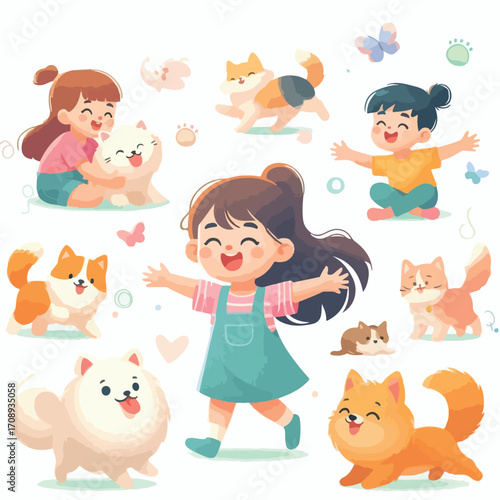 Children playing with cats and dogs with a simple and minimalist flat design using a white background