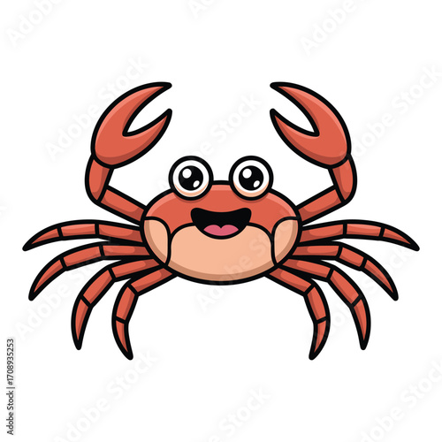 Orange cartoon crab with claws raised and a happy expression
