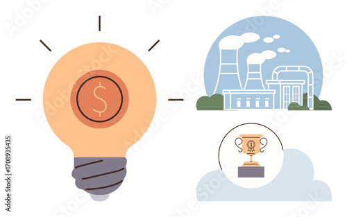 Lightbulb with a dollar symbol, power plant with industrial chimneys, and trophy on a pedestal. Ideal for energy efficiency, innovation, economic success, industry growth, financial goals