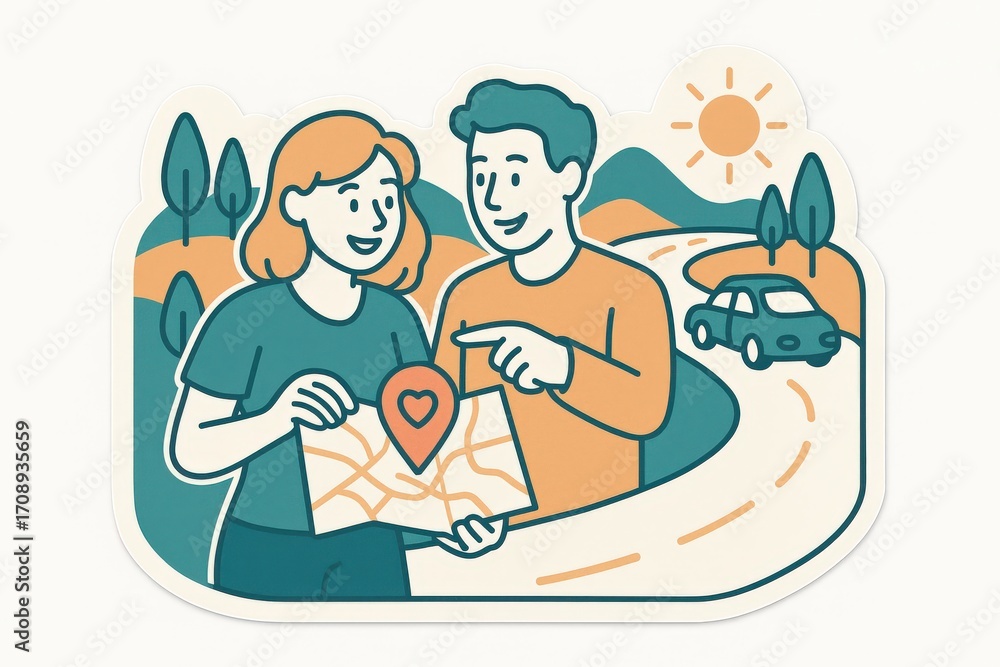 Fototapeta premium Engaging couple exploring a scenic route while studying a map that highlights their destination infused with a sense of wanderlust and adventure appealing to travel style enthusiasts