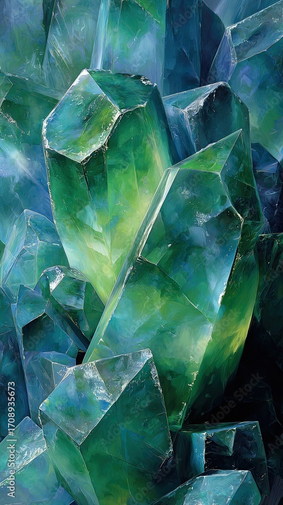 Obraz premium Photorealistic crystalline ice with green and blue tint, sharp facets and contrast shadows