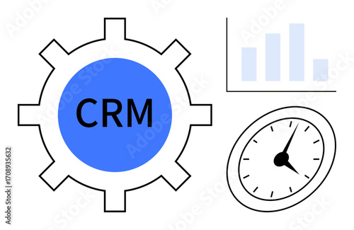 CRM gear represents customer relationship tools, paired with a bar chart highlighting analytics and a clock symbolizing time efficiency in operations. Ideal for business, productivity, data
