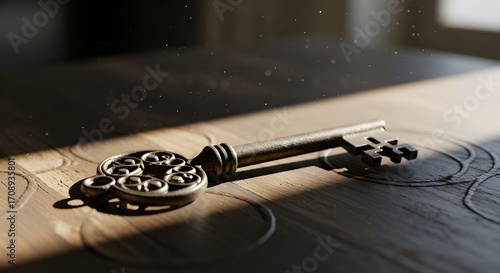 Unlock secrets with this antique ornate key casting a shadow on a wooden surface, symbolizing opportunity and discovery