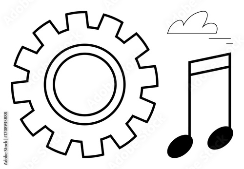 Gear and music note alongside a cloud evoke creativity, innovation, technology, and harmony. Ideal for music, engineering, teamwork, idea generation, education arts simple landing page