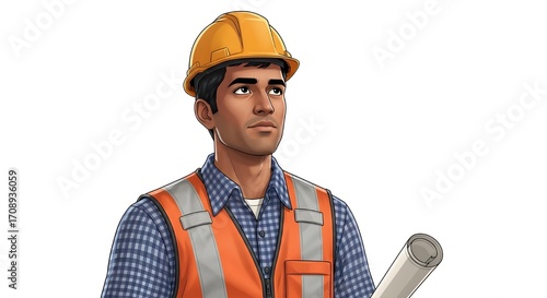 Determined construction worker in hard hat and vest holding blueprints, envisioning future projects