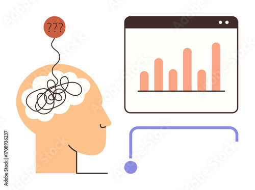 Profile of a tangled thought cloud in a head, question marks above, and a bar graph on a screen. Ideal for problem-solving, analytics, decision-making, brainstorming, cognitive overload, data