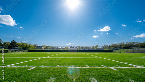 広大な競技場と抜けるような青空が描く開放感がスポーツブランドや学校広報の背景にぴったりなシンプルなデザインです.生成AI