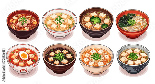 A vibrant graphic design collection featuring diverse Asian soup bowls, perfect for culinary illustration projects and food-themed digital assets, showcasing a variety of delicious, prepared meals
