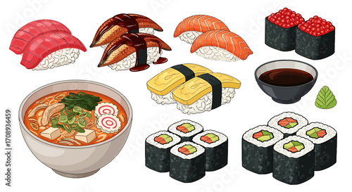 A visually appealing design of various Japanese foods, showcasing a delicious selection of sushi, ramen, and other popular dishes