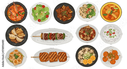 Collection of Diverse Asian Food Dishes - Vector Design