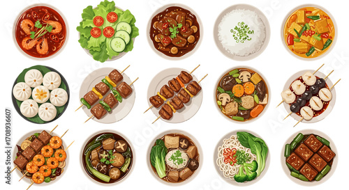 A diverse assortment of traditional Asian cuisine dishes presented in a flat lay vector illustration design, perfect for culinary and menu concepts