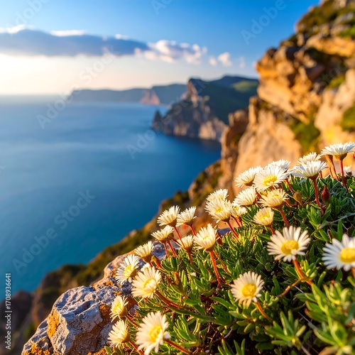 Coastal wildflowers at sunset