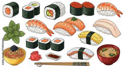 Vibrant collection of Japanese cuisine elements, a detailed vector illustration design set featuring various types of sushi and rolls