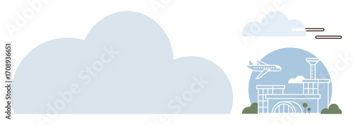 Airplane soaring over a contemporary airport terminal with a control tower, surrounded by clouds. Ideal for travel, tourism, aviation, transportation, flight industry, global connection, future