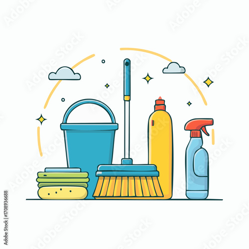 Vector illustration set of professional cleaning equipment for housekeeping and sanitation services. Domestic tools for a sparkling clean home