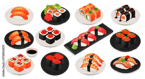 Diverse Sushi Designs Collection Featuring Various Popular Rolls and Nigiri