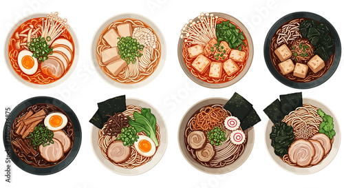 An appealing graphic design of eight diverse Japanese ramen bowls, featuring unique broths, fresh ingredients, and delicious toppings, ideal for culinary projects